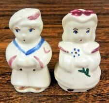 Vintage French Boy & Girl Figural Salt & Pepper Shakers Hand Painted Ceramic picture