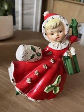 Vintage Relpo A-1484 Christmas Shopper Girl Ceramic Planter Spaghetti Trim Japan picture