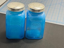 G-008 Blue Slag Marble Salt And Pepper Shakers Depression Glass Vintage picture