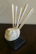 vintage Abstract Stone or ? & Wood Sculpture Carved Shell, 6 Hair pins picture