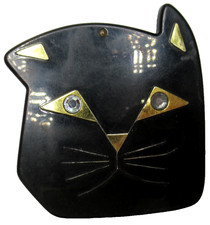 Vintage Black Lucite & Rhinestone Cat Head Mirror Compact picture