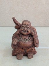Vintage Old Hand Carved Wood Laughing Buddha Statue Hotei Carrying Sack Figurine picture