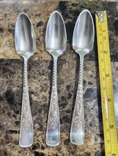 😜LOT OF 3 MERIDEN ANTIQUE c1887 CARDINAL SILVERPLATED FRUIT SPOONS 🥑🍉🥝🍊 picture