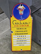 VERY NICE ORIGINAL VINTAGE PORCELAIN CANHAMS ICE CREAM SIGN 10 X 4 picture