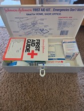 VINTAGE Johnson & Johnson Metal First Aid Kit Wall Mount Box , White & Red Empty picture