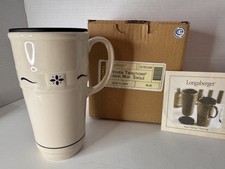 NIB Longaberger Pottery Woven Traditions Travel Mug Blue 16 oz Stoneware 3176510 picture