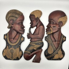 Vintage Wooden Carved African Woman & Man Serving 3 Wall Hangings Smoke Free EUC picture
