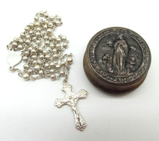 Vintage 800 Silver Rosary & Virgin Mary Cherub Hinged Box Catholic Prayer Beads picture