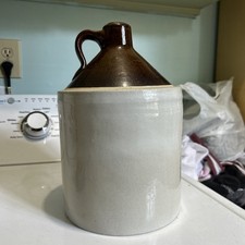Antique Stoneware Whiskey/Moonshine Jug Two-Tone Brown & Cream Color 10.75” Tall picture