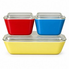 VTG PYREX 1940s Primary Colors Refrigerator Dishes 8pc SET W Lids COMPLETE MINTY picture