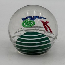 Vintage 1993 Signed Art Glass Paperweight Abstract Swirls Green White 3 Inch picture