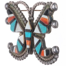 c1940's Vintage Zuni sterling silver turquoise/spiny oyster butterfly pin/brooch picture
