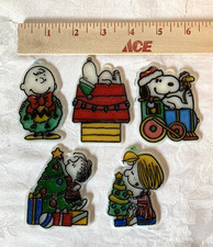 5 Vintage PEANUTS Christmas Glitter Plastic Window Sun Catcher Ornaments Snoopy picture