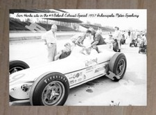 Historic Sam Hanks sits in the #9 Belond Exhaust Special 1957 indy 500 Postcard picture