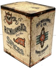 Antique 1800s Store SPICE TIN BIN R. C. Williams & Co., New York NY - Hinged Top picture