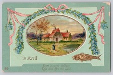 1909 French Poisson d'Avril Postcard Embossed April Fool's Day Cottage Scene picture