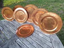 7 Signed Vintage Hammered Copper Wall Plates Made in Chile~Queen Anna Edge picture