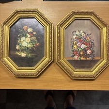 Vintage Italian Florentine Floral Prints Gold Gilt Octagon Frames Pair 9x7 picture