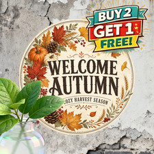 Rustic Wreath Hello Fall Metal Sign 8x8 Round Autumn Pumpkin Tin Wall Decor picture