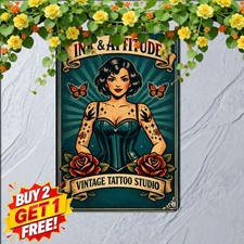 Retro Tattooed Pinup Girl Metal Sign Vintage Beauty Parlor Decor picture