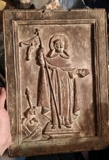 Antique 18thC Carved Oak Panel Saint Anthony Abbot Bas-Relief Wood Plaque picture
