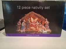 Crown Court 12 Piece Nativity Set Vintage Lighted Christmas Wooden Manger Creche picture