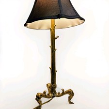 Antique Victorian Converted Brass Andiron Candlestick Lamp Claw Foot Lion Head picture