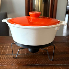 California Pottery Casserole Dish S53 Lid Stand Mid Century Orange White VTG picture