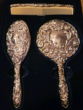 Victorian Repoussé Silverplate Vanity Set Hand Mirror Brush Comb, NIB picture
