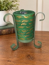 Vintage Nashco Set of 8 Green Gold Metal Coasters with Scroll Stand MCM picture