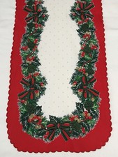 Vintage Sunweave Christmas Holiday Table Runner Holly Berries 14”x66” Red Border picture
