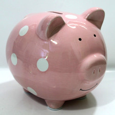 Pearhead Large Ceramic Piggy Bank Pink Polka Dot Kids Boys Girls Nursery Savings picture