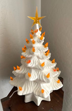 VTG 1988 Ceramic Christmas Tree Pearly White Yellow Orange Bird Pegs picture