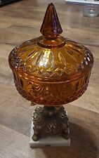 Indiana Glass Amber Compote Candy Dish Diamond Point Hollywood Regency  picture