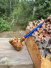 Olive wood chamber Poker pipe with Amboyna burl wood veneer and royal blue stem picture