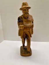 Vintage 16” Hand‑Carved Wooden Folk Art Old Man Figurine – Rustic Statue picture