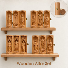 Portable Catholic Travel Altar Beech Wood Triptych Jesus Mary St Joseph Gift picture