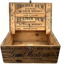 Vintage HEATHER DEW Scotch Whiskey & GREAT WESTERN Champaign Wood Crate picture