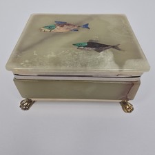 Vtg Italian Trinket Box Lions Claw Feet Inlaid Stone Fish Mexican Onyx 1964  picture