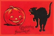 Awesome Black CAT & Pumpkin - Vintage Look HALLOWEEN Postcard Reprint picture