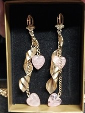 Vintage Y2K Harley Davidson Earings Goldtone W/ Pink Dangle Hearts picture