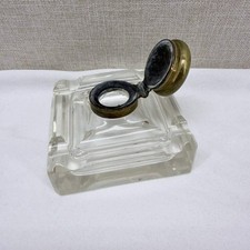 Antique Heavy Clear Glass Inkwell Square Tiered Base Hinged Brass Lid 4.5 inch picture