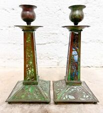 Pair of Riviere Studios Grapevine Slag Glass Bronze Candlesticks c1920 picture
