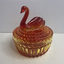 Vintage Jeannette Glass Amberina Swan Covered Dish Vanity Powder Jar Flashed picture