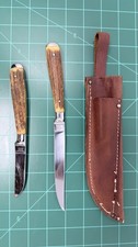 Abercrombie & Fitch Germany 2 Knife Set Stag Style Handles With Leather Sheath picture