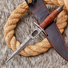 V-42 US Special Forces WWII Dagger Knife Double edge DamascuBlade Leather Handle picture
