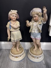 Antique German Bisque Children at the Seaside 15” Boy Girl Figurine Pair * picture