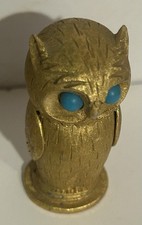 Vtg Florenza Gold tone Figural Owl  w Blue Cabochon Eyes Trinket Container #9326 picture