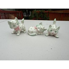 Vintage set of 3 IRISH DRESDEN PORCELAIN CAT FIGURINE WITH PINK BOW & SHAMROCKS picture