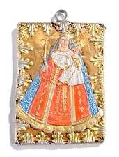 Vintage 19th ca. Orthodox Icon Pendant - Painted Gold Virgin Mary & Jesus Christ picture